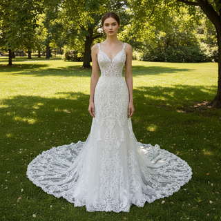 Tank V Neck Fitted Fit Flare Lace Wedding Dress with Open Back