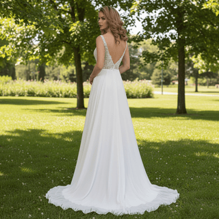 V-neck Tulle and Lace A-line Wedding Dress with Sheer Bodice - Rosymae