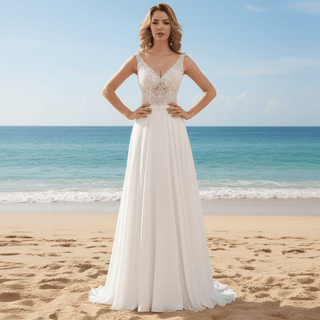 V-neck Tulle and Lace A-line Wedding Dress with Sheer Bodice - Rosymae