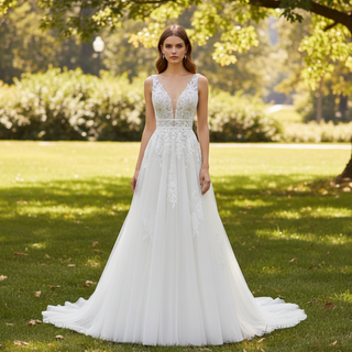 Trendy A-line Tulle Lace Vneck Wedding Dresses with Tank Top