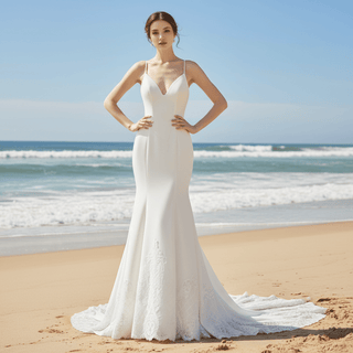 V-neckline Trumpet Satin Wedding Dress with Spaghetti Straps - Rosymae