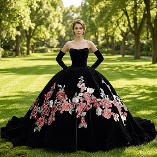 Velvet Black Ball Gown Wedding Dress with Colorful Floral Embroidery Detachable Long Sleeves