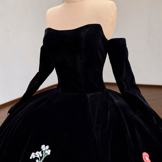 Velvet Black Ball Gown Wedding Dress with Colorful Floral Embroidery Detachable Long Sleeves