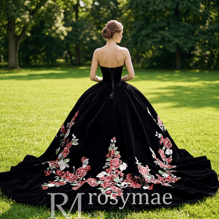 Velvet Black Ball Gown Wedding Dress with Colorful Floral Embroidery Detachable Long Sleeves