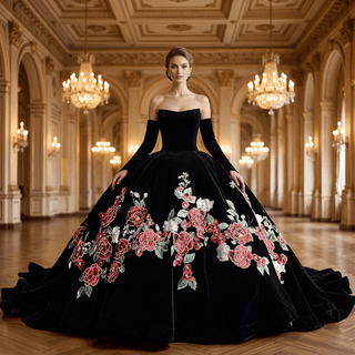 Velvet Black Ball Gown Wedding Dress with Colorful Floral Embroidery Detachable Long Sleeves