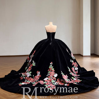 Velvet Black Ball Gown Wedding Dress with Colorful Floral Embroidery Detachable Long Sleeves