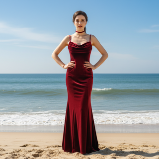 Dark Red Velvet Formal Gown Party Dress with Spaghetti Straps