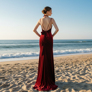 Dark Red Velvet Formal Gown Party Dress with Spaghetti Straps