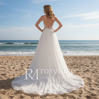 Spaghetti Strap Plunging A-line Tulle Wedding Dress Low Back