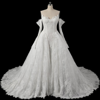 Victorian-Baroque Revival Off Shoulder Long Sleeves Wedding Dress with Basque Waist - Rosymae