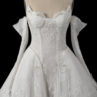 Victorian-Baroque Revival Off Shoulder Long Sleeves Wedding Dress with Basque Waist - Rosymae