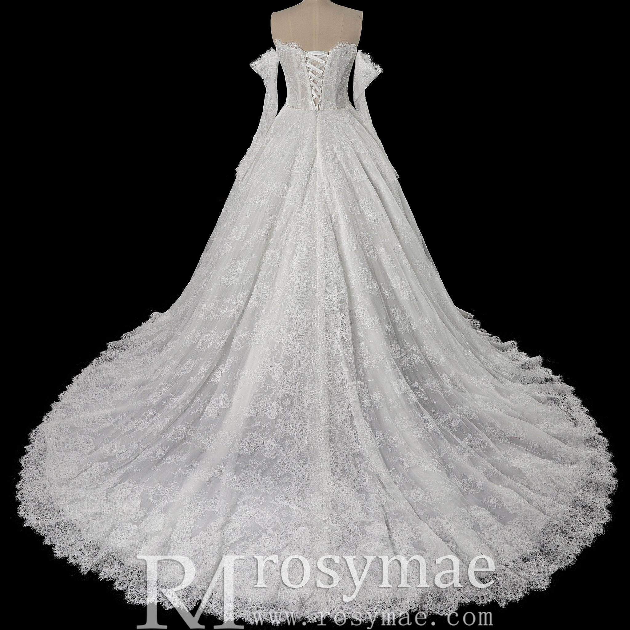 Victorian-Baroque Revival Off Shoulder Long Sleeves Wedding Dress with Basque Waist - Rosymae