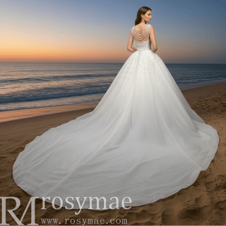 Vintage 1920 Curve Neckline Wedding Dress with Detachable Pearl Jacket - Rosymae