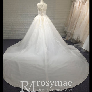 Vintage 1920 Curve Neckline Wedding Dress with Detachable Pearl Jacket - Rosymae