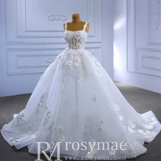 Vintage 3D Floral Ball Gown Wedding Dress with Wide Straps - Rosymae