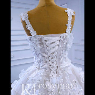 Vintage 3D Floral Ball Gown Wedding Dress with Wide Straps - Rosymae