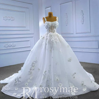 Vintage 3D Floral Ball Gown Wedding Dress with Wide Straps - Rosymae