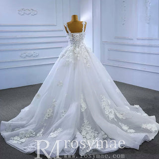 Vintage 3D Floral Ball Gown Wedding Dress with Wide Straps - Rosymae