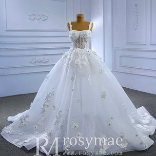 Vintage 3D Floral Ball Gown Wedding Dress with Wide Straps - Rosymae