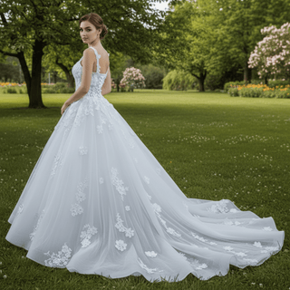 Vintage 3D Floral Ball Gown Wedding Dress with Wide Straps - Rosymae
