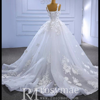 Vintage 3D Floral Ball Gown Wedding Dress with Wide Straps - Rosymae