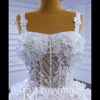 Vintage 3D Floral Ball Gown Wedding Dress with Wide Straps - Rosymae