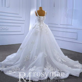 Vintage 3D Floral Ball Gown Wedding Dress with Wide Straps - Rosymae