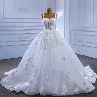 Vintage 3D Floral Ball Gown Wedding Dress with Wide Straps - Rosymae
