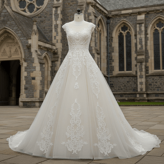 Vintage A-line Tulle Appliqued Lace Wedding Dress with Cap Sleeve - Rosymae