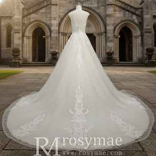 Vintage A-line Tulle Appliqued Lace Wedding Dress with Cap Sleeve - Rosymae