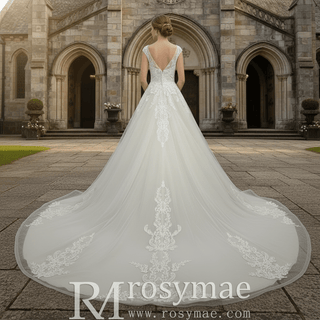 Vintage A-line Tulle Appliqued Lace Wedding Dress with Cap Sleeve - Rosymae