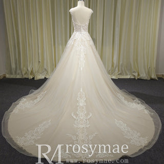 Vintage A-line Tulle Appliqued Lace Wedding Dress with Cap Sleeve - Rosymae