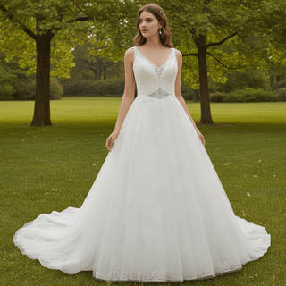 Vintage A-Line V-Neck Plus Size Wedding Dress with Floral Lace - Rosymae