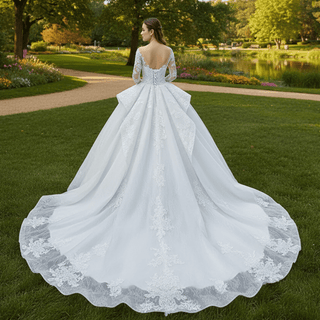 Vintage Ball Gown Lace Ruffle Wedding Dress with Sheer Long Sleeves - Rosymae