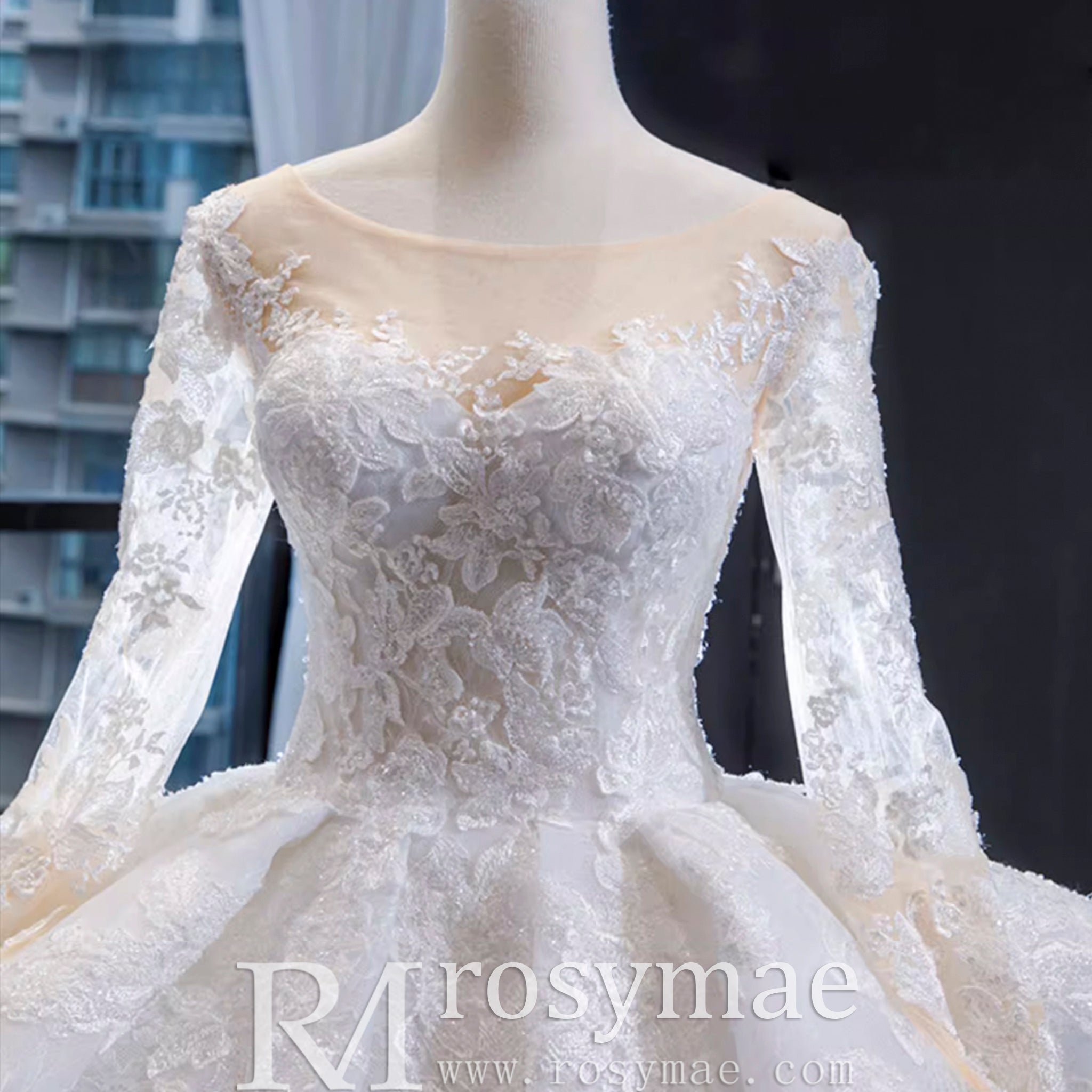 Vintage Ball Gown Lace Ruffle Wedding Dress with Sheer Long Sleeves - Rosymae