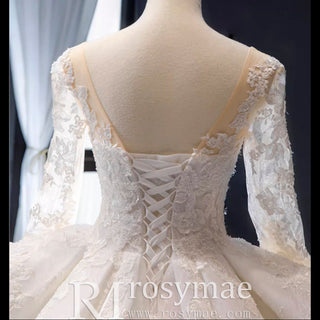 Vintage Ball Gown Lace Ruffle Wedding Dress with Sheer Long Sleeves - Rosymae
