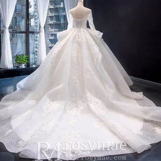 Vintage Ball Gown Lace Ruffle Wedding Dress with Sheer Long Sleeves - Rosymae