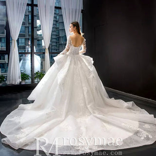 Vintage Ball Gown Lace Ruffle Wedding Dress with Sheer Long Sleeves - Rosymae