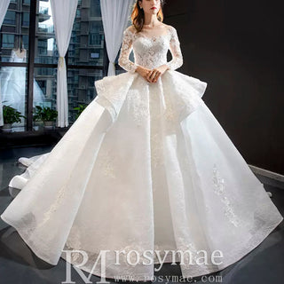 Vintage Ball Gown Lace Ruffle Wedding Dress with Sheer Long Sleeves - Rosymae