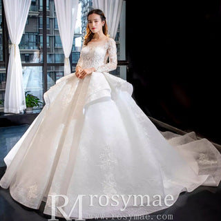 Vintage Ball Gown Lace Ruffle Wedding Dress with Sheer Long Sleeves - Rosymae