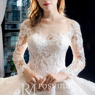 Vintage Ball Gown Lace Ruffle Wedding Dress with Sheer Long Sleeves - Rosymae