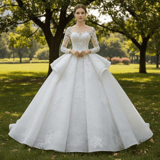 Vintage Ball Gown Lace Ruffle Wedding Dress with Sheer Long Sleeves - Rosymae