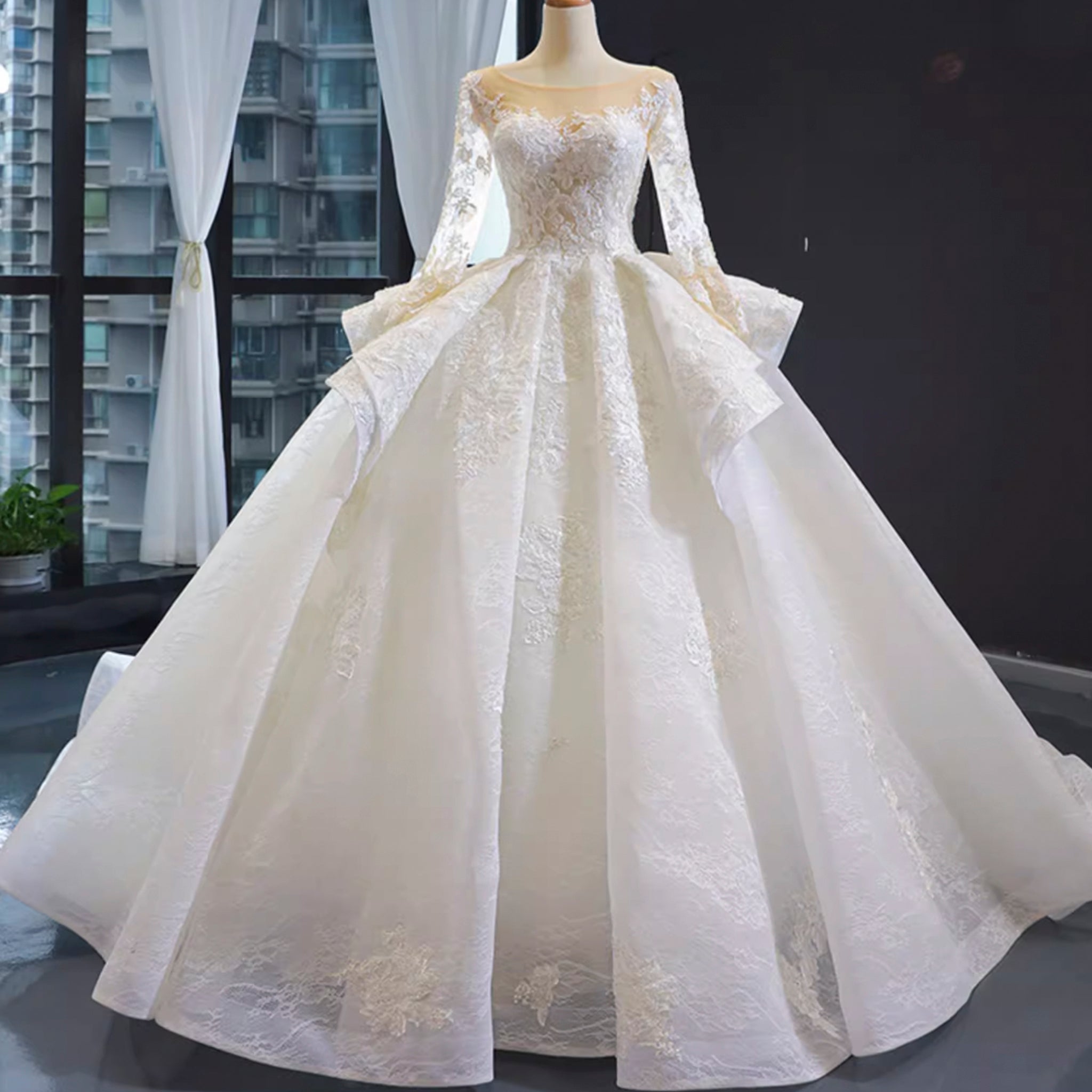 Vintage Ball Gown Lace Ruffle Wedding Dress with Sheer Long Sleeves - Rosymae