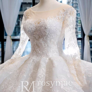Vintage Ball Gown Lace Ruffle Wedding Dress with Sheer Long Sleeves - Rosymae