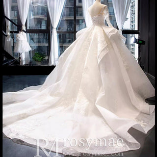 Vintage Ball Gown Lace Ruffle Wedding Dress with Sheer Long Sleeves - Rosymae