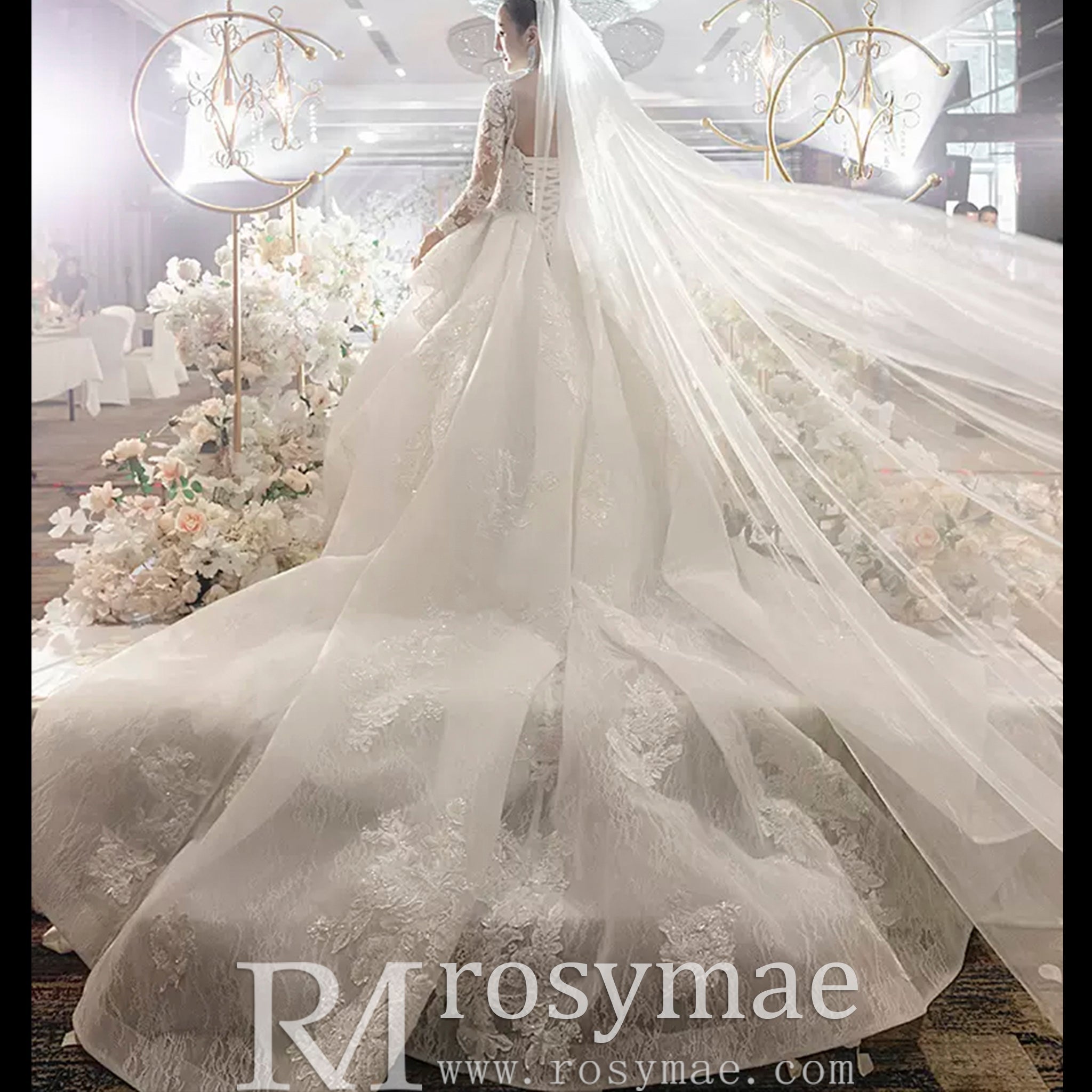 Vintage Ball Gown Lace Ruffle Wedding Dress with Sheer Long Sleeves - Rosymae