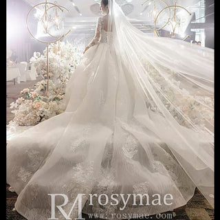 Vintage Ball Gown Lace Ruffle Wedding Dress with Sheer Long Sleeves - Rosymae