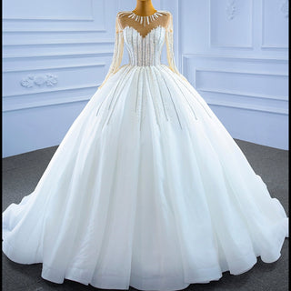 Vintage Beaded Ball Gown Puffy Wedding Dress with Long Sleeve - Rosymae