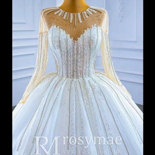 Vintage Beaded Ball Gown Puffy Wedding Dress with Long Sleeve - Rosymae