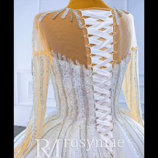 Vintage Beaded Ball Gown Puffy Wedding Dress with Long Sleeve - Rosymae